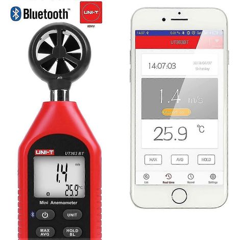 Anémomètre Bluetooth, mini anémomètre numérique portable avec thermomètre et affichage des températures maximales/minimales, pour la collecte de données météorologiques et les sports de plein air. (1/4)