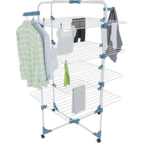 Stendibiancheria Da Pavimento Con Rotelle Stendino A Torre Verticale In Acciaio Con 4 Ripiani e 2 Appendi Grucce Pieghevole Salvaspazio Per Biancheria Lenzuola Panni 168.5 x 71 x 71 Cm (Bianco E Blu)