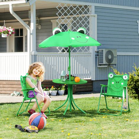 Outsunny Ensemble Salon de Jardin Enfant 4 pcs Design Grenouille - Table Ronde + 2 chaises Pliables + Parasol - métal époxy Oxford Vert