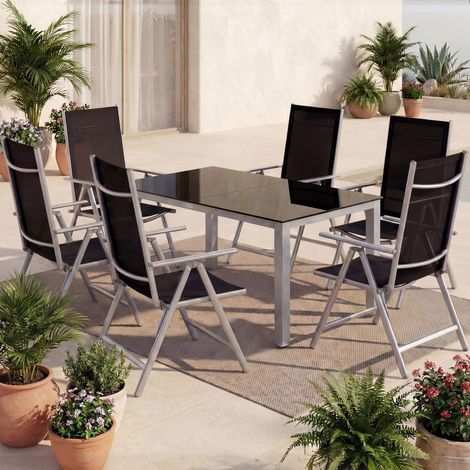 CASARIA® Gartenmöbel Set 6 Stühle mit Tisch 150x90cm Aluminium Sicherheitsglas Wetterfest Klappbar Modern Terrasse Balkon Möbel Sitzgruppe Garnitur Bern silber