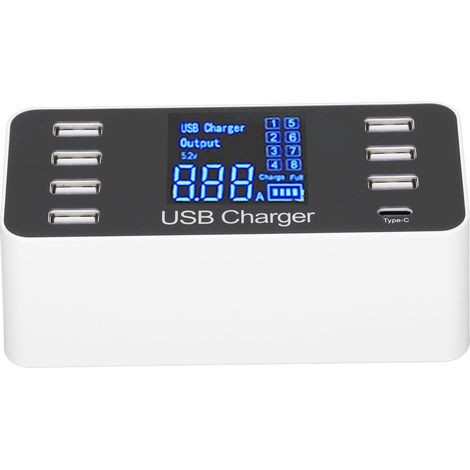 Station de charge murale/de bureau avec hub USB, 8 ports, écran LCD, compatible smartphones et tablettes, prise UE 100-240 V.