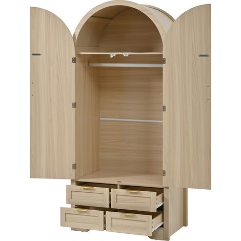 Armadio moderno in MDF color rovere con ante curve, asta appendiabiti e cassetti (1/5)