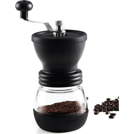 Manuelle Kaffeemühle mit Mahlwerk aus Edelstahl und Keramik, Glasbehälter.