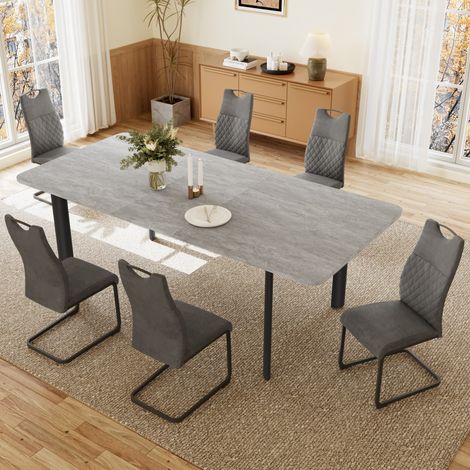 HIPIHOM Ausziehbares Tischset, 160–200 cm Küchentisch mit 2 cm dicker Platte für Esszimmer oder Heimbüro (grauer Tisch, 6 Stühle, Stoff, grau)