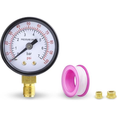 42 mm Pool pressure gauge, 7 bar, (100 psi), water pressure gauge with pressure gauge, water pressure gauge, pool filter pressure gauge, with 2 adapters 3/8 and 1/2, raw tape (1/5)
