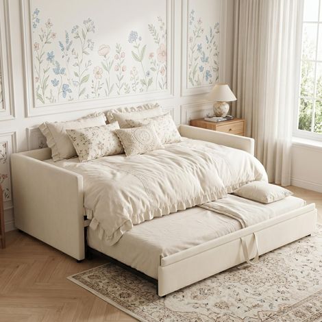 Lit gigogne 90/180x200 cm, lit capitonné canapé-lit extensible avec sommiers à lattes, lit multifonctionnel style moderne, velours - Beige
