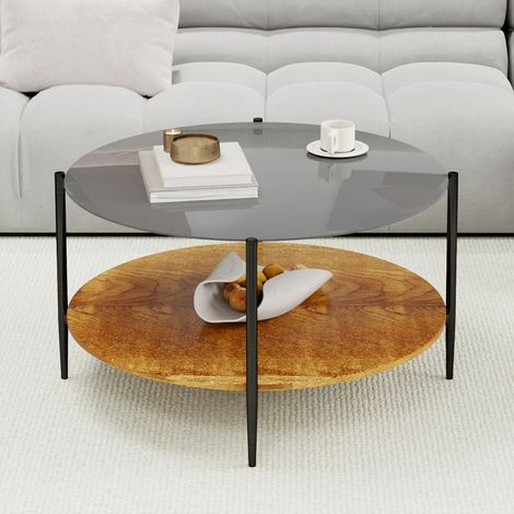 Table basse de salon ronde - 82x82x45 cm - 2 niveaux avec plateau en verre trempé et étagère en bois - Style moderne - Noir et bois (1/5)