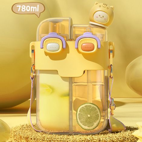 Gourde Kawaii tendance en plastique, double gourde avec paille et sangle ajustable, idéale pour le sport et les voyages, couleur jaune vitalité, 780 ml (1/5)