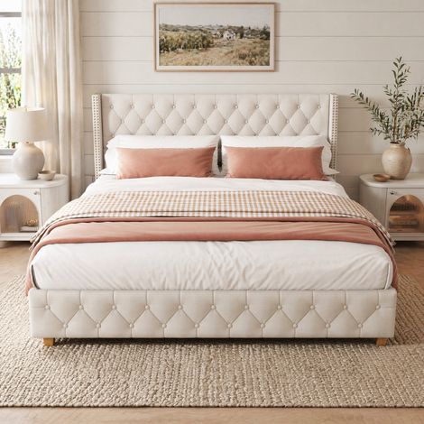 Lit 160x200 capitonné avec tête de lit en lin beige HAVRYA (1/5)
