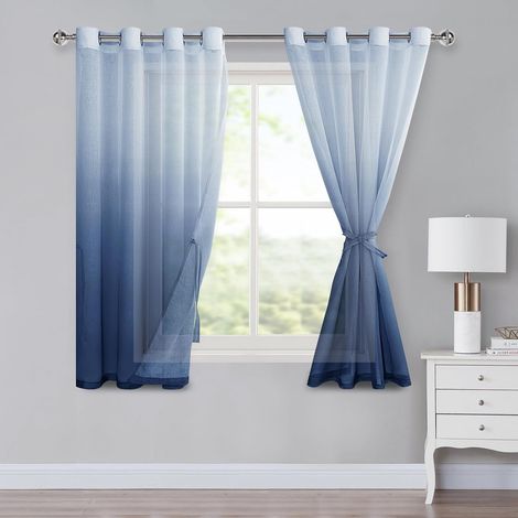 Lot de 2 rideaux en voile avec œillets - Dégradé de couleur - Pour chambre à coucher et salon - Avec embrasses - 145 x 140 cm - Bleu jean (1/5)
