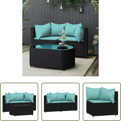Gartenmöbel - 3-tlg. Garten-Lounge-Set mit Kissen Schwarz Poly Rattan (1/5)