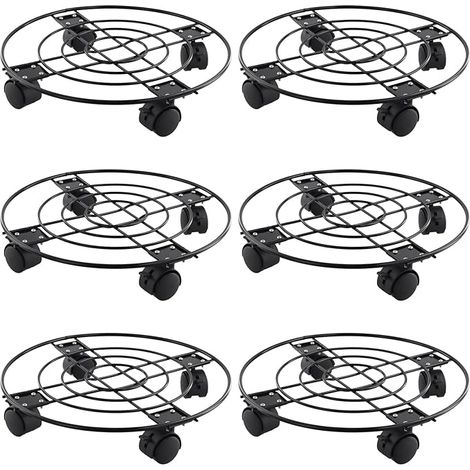 Lot de 6 paniers de fleurs en métal de 30 cm avec roue de frein pivotante, porte plante a roulettes, support rond robuste pour pot de fleurs intérieur ou extérieur