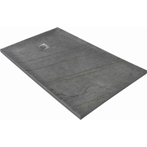 Receveur pierre naturelle ardoise claire 100 x 80 cm - grille carrée acier excentrée (1/5)