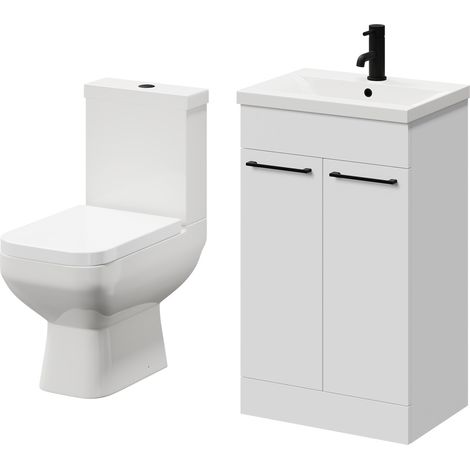 Turin Gloss White 500mm Floor Standing Vanity Unit and Toilet Suite with 1 Tap Hole Basin and 2 Doors with Matt Black Handles (1/5)