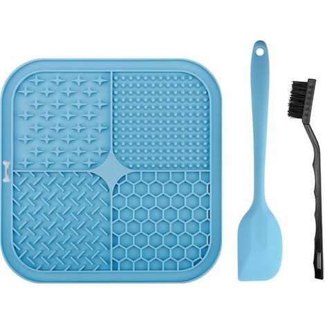 Tapis de Lèche Chien, 20x20cm Tapis Lécher pour Chien avec Spatule Silicone, sans BPA Tapis de Lechage pour Chat avec Ventouse pour Bain, Entraînement, Toilettage (Bleu) (1/5)