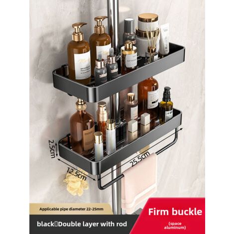 Receveur de douche double couche noir avec barre, sans perçage, fixation WC, support de barre de douche intégré, gain de place