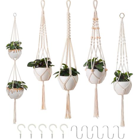 Lot de 5 suspensions de Fleurs en macramé - Décoration bohème - Corde en Coton - pour Pot de Fleurs - pour intérieur et extérieur - Plafonds - Balcons - Décoration Murale (Beige) (1/5)
