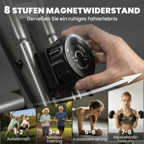 Vélo d'appartement pliable 3-en-1, ergomètre inclinable silencieux avec moniteur LCD, Bluetooth, capteur de fréquence cardiaque et bande de résistance (1/5)