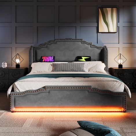 Lit coffre 180x200 LED USB-C en velours gris HAVRYA (1/5)