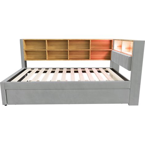 Cama de día 90x200 cm con cama nido 90x190, LED y puertos USB/Type-C, gris claro HOMVRA (1/5)