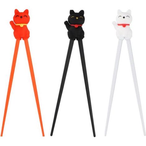 3 paires de baguettes - baguettes d'apprentissage pour enfants - baguettes antidérapantes - Baguettes Lucky Cat - Orange/Noir/Blanc - Silicone Orange/Noir/Blanc (1/5)