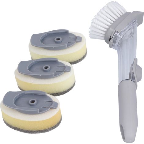 Brosse à vaisselle avec réservoir à savon, manche ergonomique et anneau de suspension, tête de rechange pour nettoyage évier.