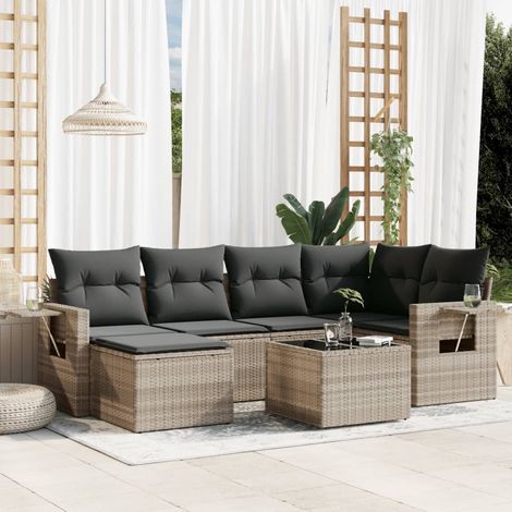 7-tlg. Garten-Sofagarnitur mit Kissen Hellgrau Poly Rattan (1/3)