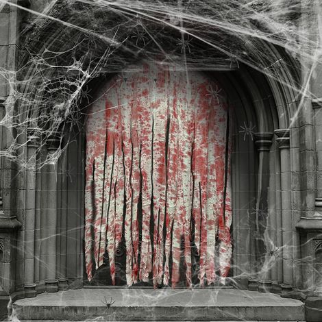 Rideau Halloween Decoration Tissu Noir,2 Pièces Rideau Porte Entrée 100 165cm,Deco Porte Halloween Drap Noir avec Toile D'araignée Et Araignée,Décoration Extérieure Ntérieur Party (Rouge) (1/5)