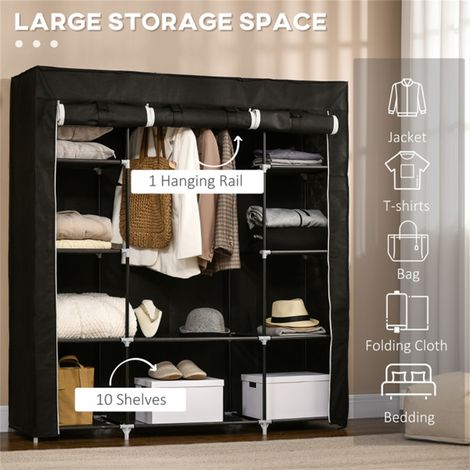 Black Fabric Wardrobe with Hanging Rail and 10 Shelves for Clothing Storage-Easy Setup,Durable Steel Frame,Space-Saving Design (1/5)