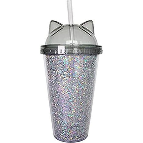 Gobelet en plastique à paillettes, double paroi, avec oreilles de chat et paille (gris) (1/5)