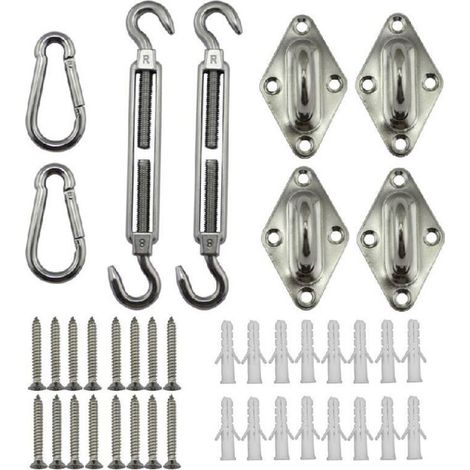 Montageset für Sonnensegel aus Edelstahl 304, bestehend aus 5-Zoll-Spannvorrichtung, silberner Öse und Karabinerhaken.