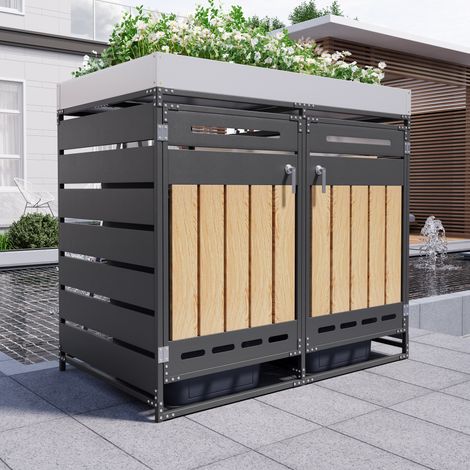 Coffre de rangement de jardin en bois avec bac à plantes, panneaux à veinure verticale, ventilation ajourée, armoire extérieure en fer avec serrure (1/5)
