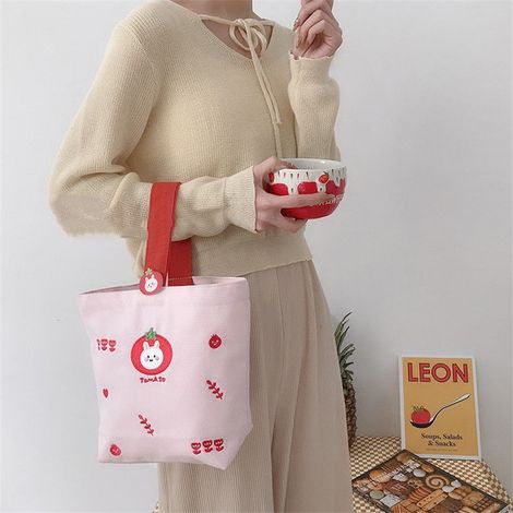 Sac déjeuner en forme de tote, motif animal cartoon, grande capacité, couleurs vives, toile résistante pour boîte, livres, snacks, lapin tomate. (1/5)
