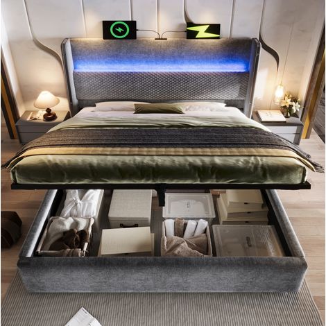 MEUBLIV Lit 160x200 cm gris – LED, rangement hydraulique et USB/Type-C avec matelas (1/5)