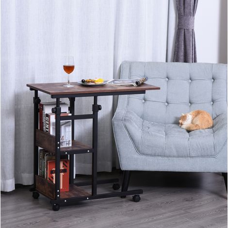 Table d’appoint en bois d’ingénierie et métal marron 80 x 40 x 72-82 cm sur roulettes réglable en hauteur (1/5)