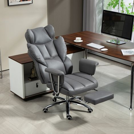 Chaise de bureau ergonomique, rembourrée, avec repose-pieds, dossier réglable, pivotable à 360°, gris foncé (1/5)