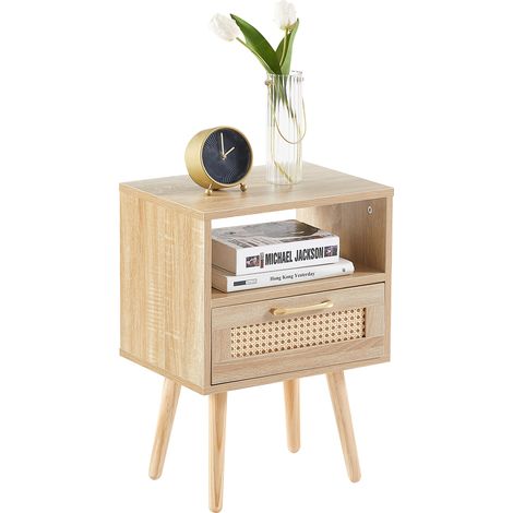 Table d’appoint en rotin avec tiroir et pieds en bois massif, table de chevet moderne pour salon ou chambre, finition bois naturel, 55×40×30 cm