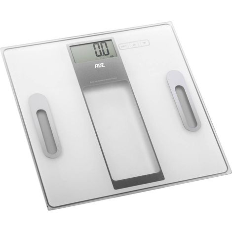 Bilancia pesapersone ADE Tabea con analisi corporea, portata massima 180 kg, dimensioni 30 x 30 cm, colore bianco.