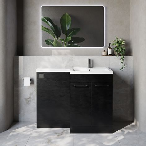 Napoli 460 Nero Oak 1100mm 2 Door Vanity Unit Toilet Suite with Right Hand Square Lucia Basin - 1100mm - Gunmetal Grey 160mm HandleWithout Kingston Toilet Pan