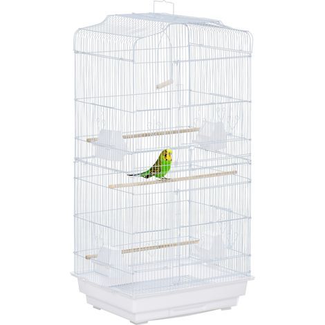 Cage à oiseaux portable avec poignée, plateau et portes amovibles, volière pour perruches avec perchoirs en bois, balançoire et mangeoires, 46,5 x 35,5 x 92 cm, blanche (1/5)