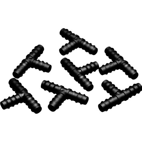 Maitys Lot de 8 raccords en T barbelé pour irrigation goutte à goutte, raccords en T barbelé universels de 1,27 cm, connecteurs de tuyau d'arrosage en plastique goutte à goutte, noir (Tee) (1/4)