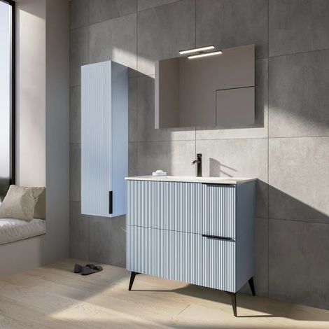 Mobile bagno a terra cannettato 90 cm azzurro capri 2 cassetti con lavabo in ceramica piedini nero opaco Fuji (1/3)