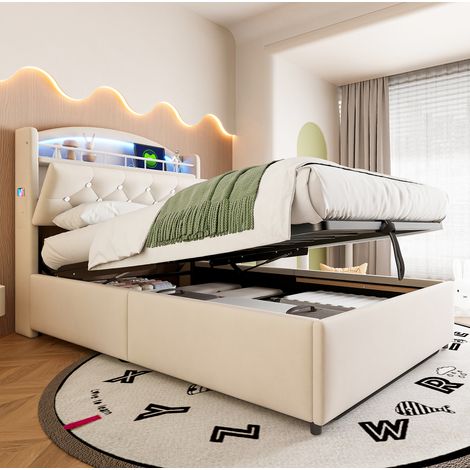 Kinderbett 90/200 cm Beige aus Samt mit Stauraum, LED und USB (1/5)