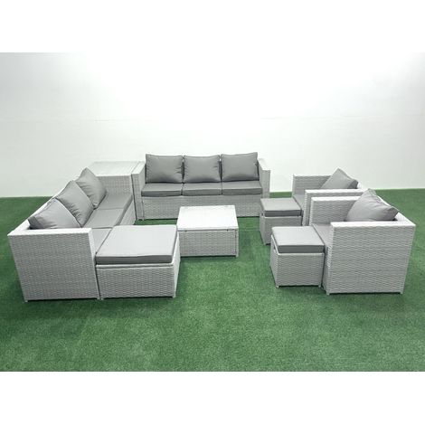 Fimous Rattan Sofa Gartenmöbel Set mit 2 Sesseln Quadratischer Couchtisch 3 Hockern Beistelltisch Hellgrau gemischt (1/5)