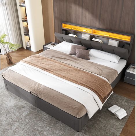 Lit avec rangement acier gris foncé 160x200 cm, revêtement aspect lin, LED et sommier à lattes inclus (1/5)