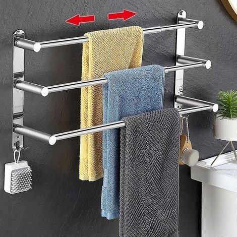 Porte-serviettes extensible sans perçage de 43 à 78 cm, 3 niveaux, en acier inoxydable avec crochets, finition argentée, pour salle de bain et cuisine. (1/5)