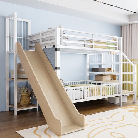 Lit mezzanine enfant 90x200 cm avec toboggan, escalier rangement, barrières de sécurité, structure métal et MDF, blanc (1/5)