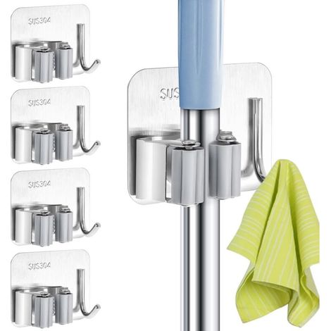 Wall Mounted Broom Holder, Stainless Steel, Adhesive Mop Holder with Hooks, Multifunction Broom Cupboard for Kitchen, Garden, Bathroom, Garage, Balcony, Office (1 Clips and 1 Hooks - 4 Pack) (1/5)