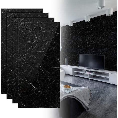 Randaco 4x Carta da parati adesiva effetto piastrelle con texture marmo, adatta per cucine, bagni, caminetti e lavanderie, nera, 120×60 cm