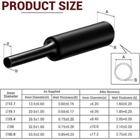 Gaine Thermorétractable, Ø12,7mm x 2m Tube Thermorétractables avec Adhésif, 3:1 avec Colle, Double Paroi, etanche et resistante à L'abrasion – Rouge et Noir (1/3)